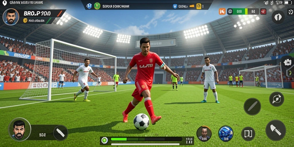 Tampilan gameplay BROJP dengan aksi mendebarkan dari pertandingan sepak bola.