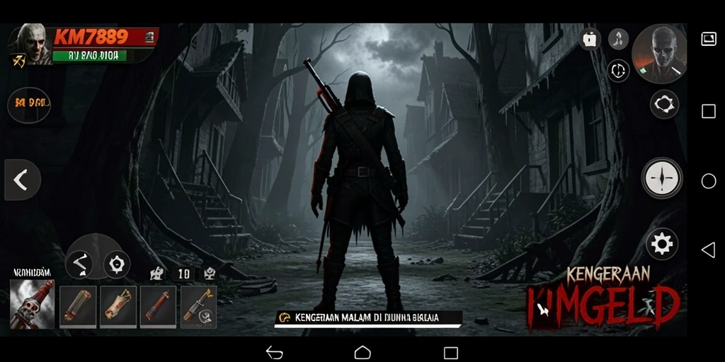 Screenshot gameplay KM789 menunjukkan suasana mencekam dan efek menakutkan.