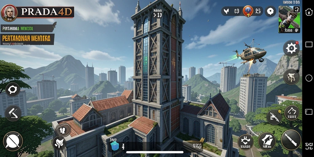 Screenshot gameplay PRADA4D dengan menara dan musuh yang menantang.