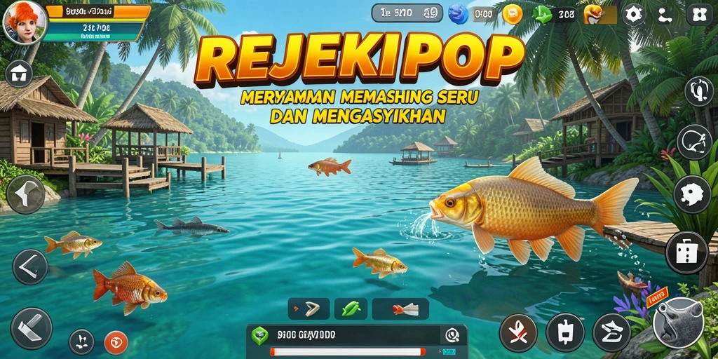 Tampilan gameplay REJEKIPOP dengan aksi memancing yang seru dan menantang.