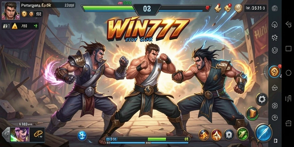 Tangkapan layar gameplay WIN777 menampilkan aksi pertarungan yang intens dan karakter beragam.